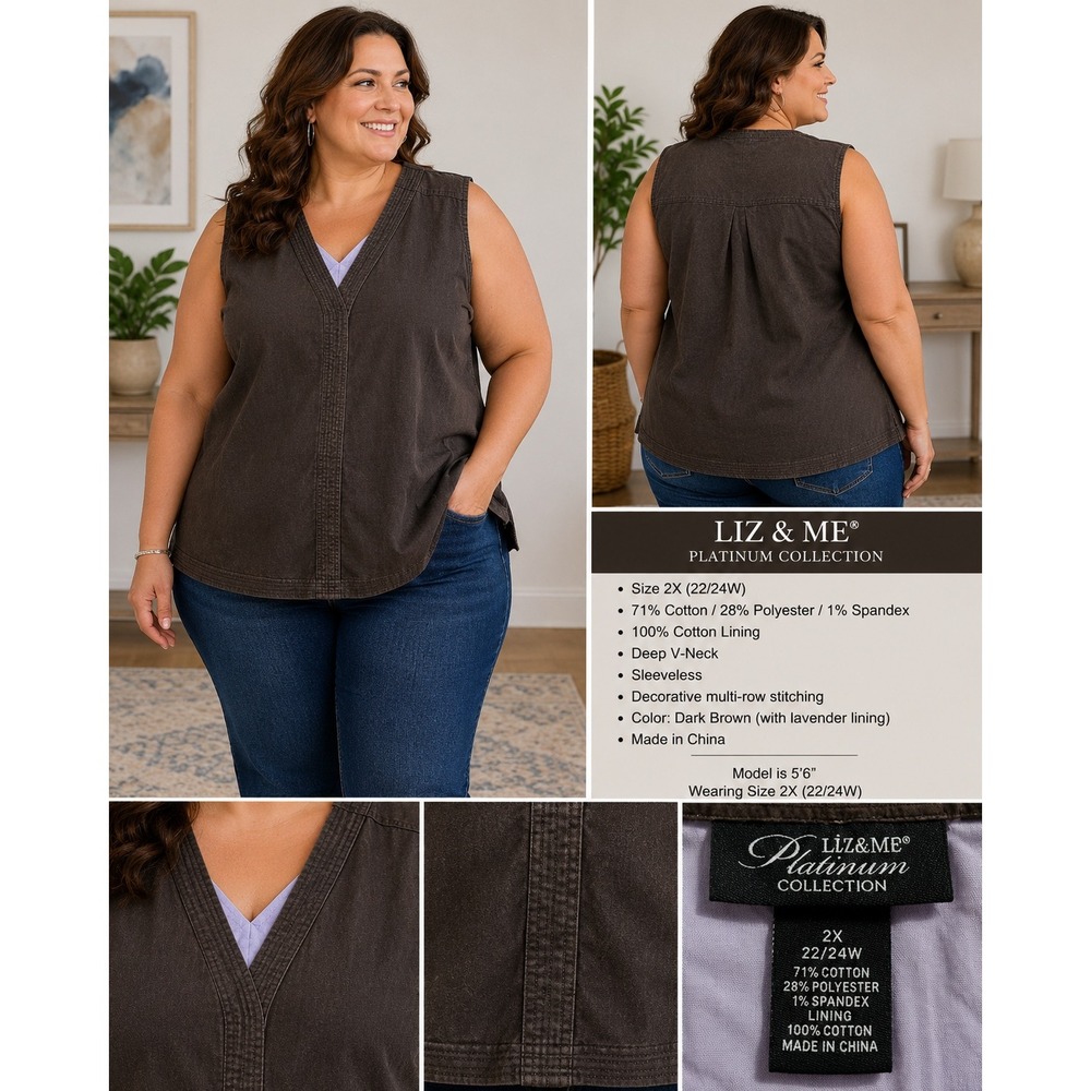 Liz & Me Platinum Collection Brown V-Neck Sleeveless Top Plus Size 2X 22/24W